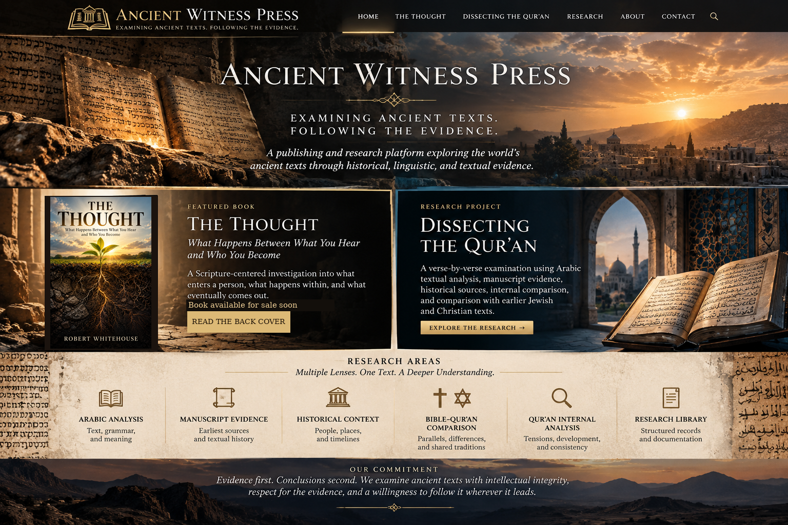 Ancient Witness Press approved homepage design: historic manuscripts, Jerusalem landscape, The Thought, Dissecting the Qur’an, research areas and mission statement.